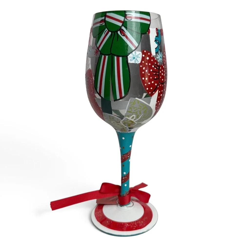 Lolita Tie One On Christmas Bow Hand Painted Wine Glass 15oz Boxed